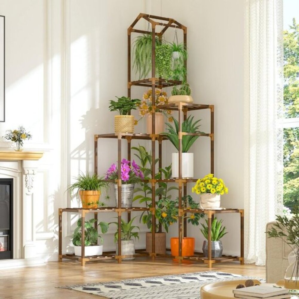 New 64.2In Tall Plant Stand, Corner Wood Shelf for 13–19 Pots for Home Decor - Picture 3 of 7
